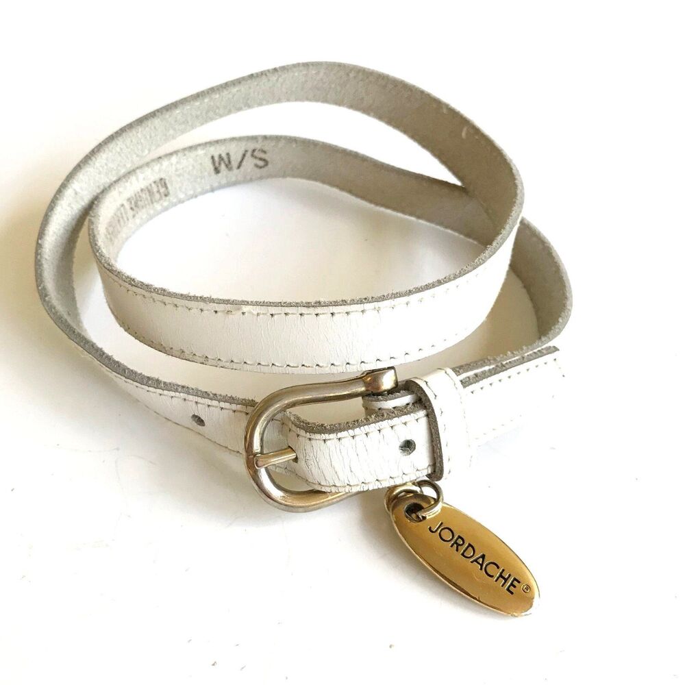 Vtg Jordache White Leather Belt Brass Horse Logo Slim Thin Womens Size XS Small